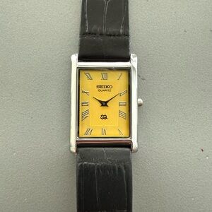 Vintage Seiko Tank watch Yellow dial Silver bezel with Black Strap